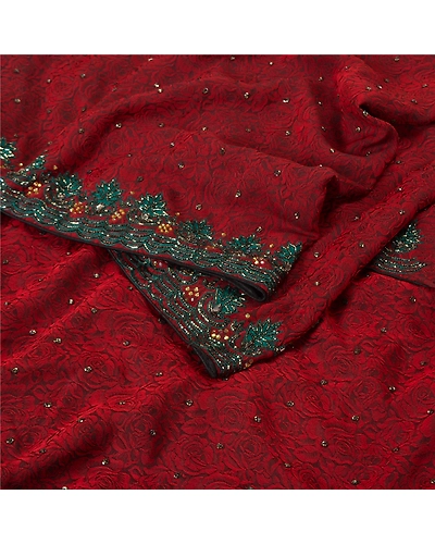 Sanskriti Vintage Dark Red Sarees Art Silk Hand Beaded Woven Ethnic Sari Fabric, PS-61335-Dark Red-Beaded Work-Art Silk-2