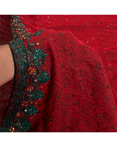 Sanskriti Vintage Dark Red Sarees Art Silk Hand Beaded Woven Ethnic Sari Fabric, PS-61335-Dark Red-Beaded Work-Art Silk-5