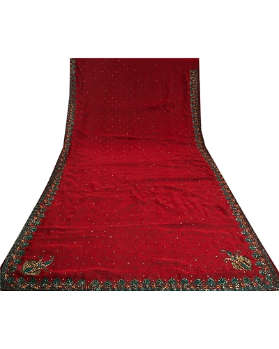 Sanskriti Vintage Dark Red Sarees Art Silk Hand Beaded Woven Ethnic Sari Fabric, PS-61335-Dark Red-Beaded Work-Art Silk-9