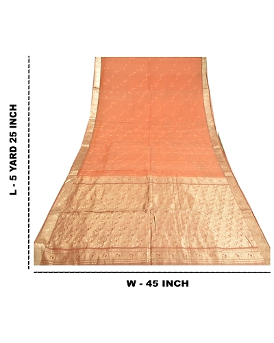 Sanskriti Vintage Peach Sarees Pure Organza Silk Embroidered Woven Sari Fabric, PS-61344-Brown &amp; Peach-Woven Work-Pure Organza Silk-1