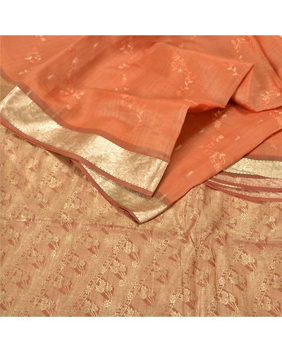 Sanskriti Vintage Peach Sarees Pure Organza Silk Embroidered Woven Sari Fabric, PS-61344-Brown &amp; Peach-Woven Work-Pure Organza Silk-2