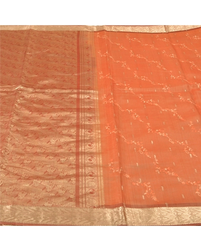 Sanskriti Vintage Peach Sarees Pure Organza Silk Embroidered Woven Sari Fabric, PS-61344-Brown &amp; Peach-Woven Work-Pure Organza Silk-4