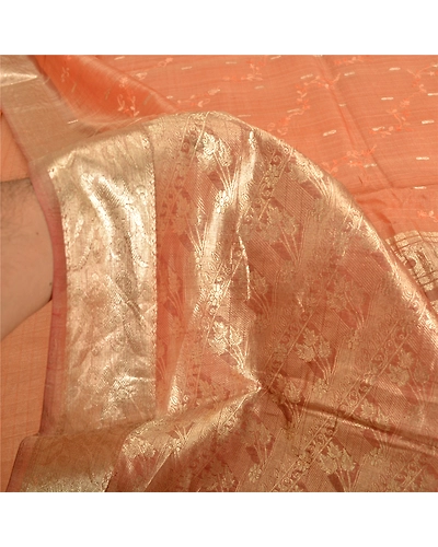 Sanskriti Vintage Peach Sarees Pure Organza Silk Embroidered Woven Sari Fabric, PS-61344-Brown &amp; Peach-Woven Work-Pure Organza Silk-5