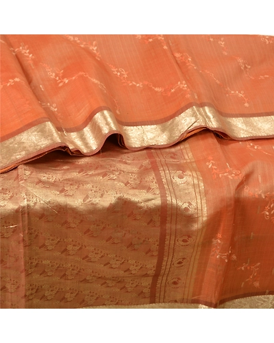 Sanskriti Vintage Peach Sarees Pure Organza Silk Embroidered Woven Sari Fabric, PS-61344-Brown &amp; Peach-Woven Work-Pure Organza Silk-7