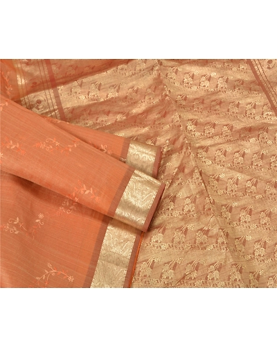 Sanskriti Vintage Peach Sarees Pure Organza Silk Embroidered Woven Sari Fabric, PS-61344-Brown &amp; Peach-Woven Work-Pure Organza Silk-9