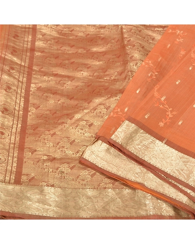 Sanskriti Vintage Peach Sarees Pure Organza Silk Embroidered Woven Sari Fabric, PS-61344-Brown &amp; Peach-Woven Work-Pure Organza Silk-11