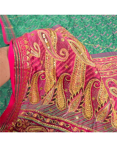 Sanskriti Vintage Green Sarees Pure Silk Hand Beaded Painted Premium Sari Fabric, PS-61357-Green &amp; Pink-Sequins Work-Pure Silk-4