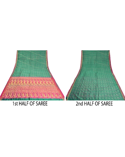 Sanskriti Vintage Green Sarees Pure Silk Hand Beaded Painted Premium Sari Fabric, PS-61357-Green &amp; Pink-Sequins Work-Pure Silk-5