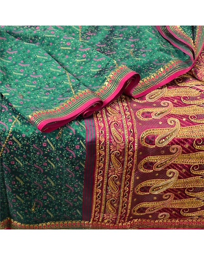Sanskriti Vintage Green Sarees Pure Silk Hand Beaded Painted Premium Sari Fabric, PS-61357-Green &amp; Pink-Sequins Work-Pure Silk-6