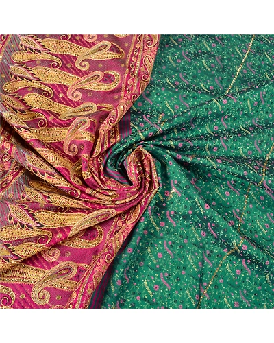 Sanskriti Vintage Green Sarees Pure Silk Hand Beaded Painted Premium Sari Fabric, PS-61357-Green &amp; Pink-Sequins Work-Pure Silk-7