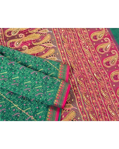 Sanskriti Vintage Green Sarees Pure Silk Hand Beaded Painted Premium Sari Fabric, PS-61357-Green &amp; Pink-Sequins Work-Pure Silk-8