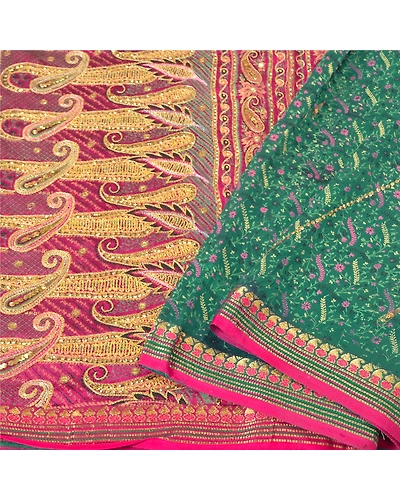 Sanskriti Vintage Green Sarees Pure Silk Hand Beaded Painted Premium Sari Fabric, PS-61357-Green &amp; Pink-Sequins Work-Pure Silk-10