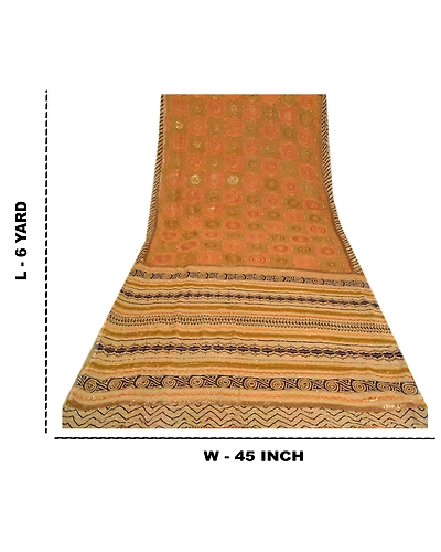 Sanskriti Vintage Indian Sarees Blend Georgette Hand Beaded Kantha Sari Fabric, PS-61361-Multi-Sequins Work-Blend Georgette-1