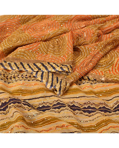 Sanskriti Vintage Indian Sarees Blend Georgette Hand Beaded Kantha Sari Fabric, PS-61361-Multi-Sequins Work-Blend Georgette-2