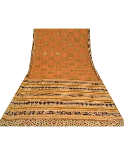Sanskriti Vintage Indian Sarees Blend Georgette Hand Beaded Kantha Sari Fabric, PS-61361-Multi-Sequins Work-Blend Georgette-9