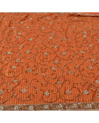 Sanskriti Vintage Orange Sarees Art Silk Hand Beaded Woven Sari Craft Fabric, PS-61363-Orange-Woven Work-Art Silk-4