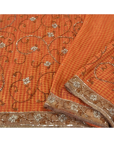 Sanskriti Vintage Orange Sarees Art Silk Hand Beaded Woven Sari Craft Fabric, PS-61363-Orange-Woven Work-Art Silk-10