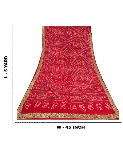 Sanskriti Vintage Sarees Pure Georgette Silk Hand Beaded Bandhani Sari Fabric, PS-61368-Dark Red-Bandhani Work-Pure Georgette Silk-1