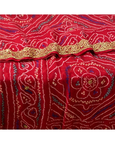 Sanskriti Vintage Sarees Pure Georgette Silk Hand Beaded Bandhani Sari Fabric, PS-61368-Dark Red-Bandhani Work-Pure Georgette Silk-2