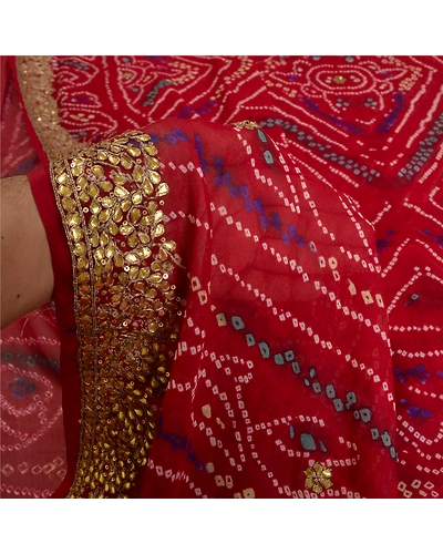 Sanskriti Vintage Sarees Pure Georgette Silk Hand Beaded Bandhani Sari Fabric, PS-61368-Dark Red-Bandhani Work-Pure Georgette Silk-5