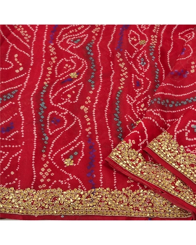 Sanskriti Vintage Sarees Pure Georgette Silk Hand Beaded Bandhani Sari Fabric, PS-61368-Dark Red-Bandhani Work-Pure Georgette Silk-10