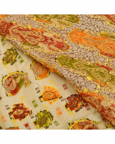 Sanskriti Vintage Ivory Sarees 100% Pure Silk Woven Premium Sari Craft Fabric, PS-61379-Ivory-Woven Work-Pure Silk-3