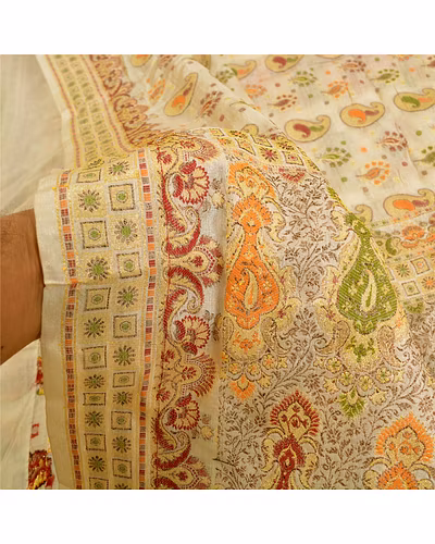 Sanskriti Vintage Ivory Sarees 100% Pure Silk Woven Premium Sari Craft Fabric, PS-61379-Ivory-Woven Work-Pure Silk-5