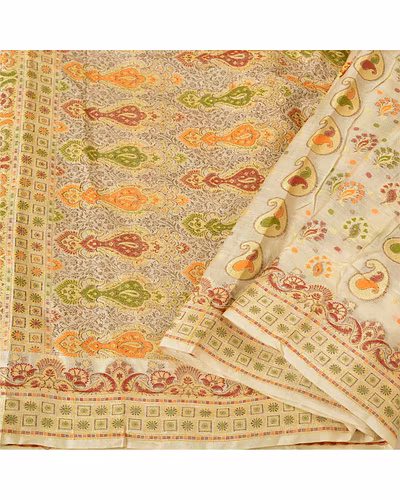 Sanskriti Vintage Ivory Sarees 100% Pure Silk Woven Premium Sari Craft Fabric, PS-61379-Ivory-Woven Work-Pure Silk-10