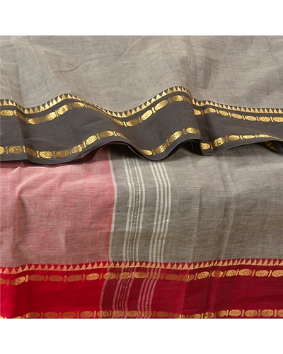Sanskriti Vintage Grey Indian Sarees 100% Pure Cotton Woven Sari Craft Fabric, PS-61393-Grey &amp; Red-Woven Work-Pure Cotton-2