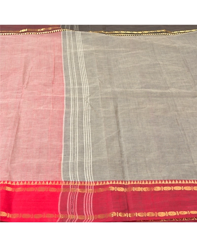 Sanskriti Vintage Grey Indian Sarees 100% Pure Cotton Woven Sari Craft Fabric, PS-61393-Grey &amp; Red-Woven Work-Pure Cotton-4