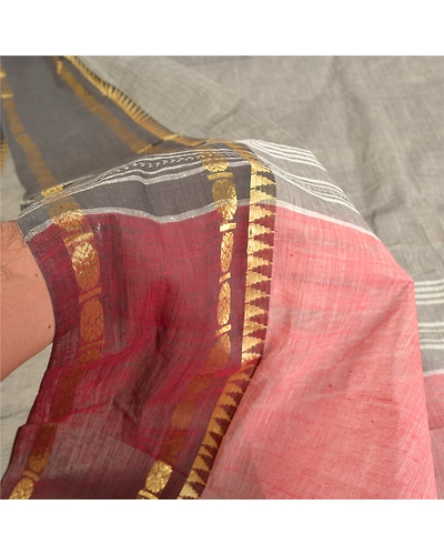 Sanskriti Vintage Grey Indian Sarees 100% Pure Cotton Woven Sari Craft Fabric, PS-61393-Grey &amp; Red-Woven Work-Pure Cotton-5