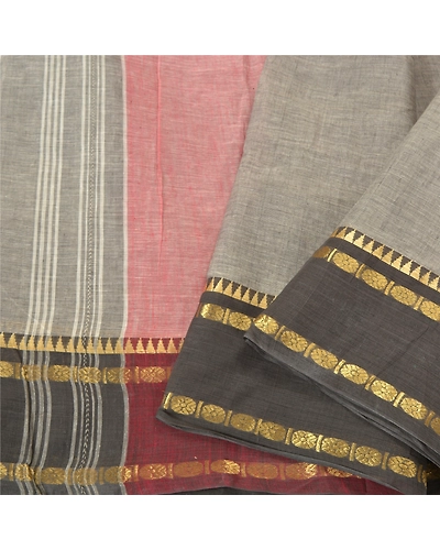 Sanskriti Vintage Grey Indian Sarees 100% Pure Cotton Woven Sari Craft Fabric, PS-61393-Grey &amp; Red-Woven Work-Pure Cotton-10