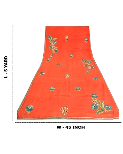 Sanskriti Vintage Orange Sarees Pure Silk Hand Beaded Premium Sari Craft Fabric, PS-61396-Orange-Zari Work-Pure Silk-1