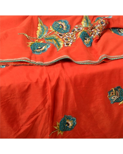Sanskriti Vintage Orange Sarees Pure Silk Hand Beaded Premium Sari Craft Fabric, PS-61396-Orange-Zari Work-Pure Silk-2