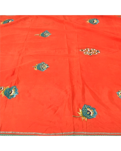 Sanskriti Vintage Orange Sarees Pure Silk Hand Beaded Premium Sari Craft Fabric, PS-61396-Orange-Zari Work-Pure Silk-4
