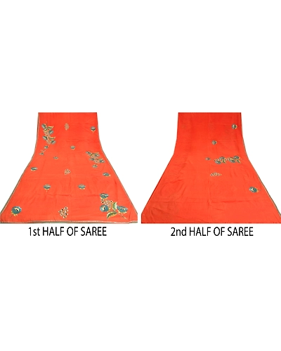 Sanskriti Vintage Orange Sarees Pure Silk Hand Beaded Premium Sari Craft Fabric, PS-61396-Orange-Zari Work-Pure Silk-6