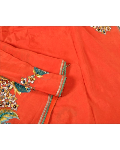 Sanskriti Vintage Orange Sarees Pure Silk Hand Beaded Premium Sari Craft Fabric, PS-61396-Orange-Zari Work-Pure Silk-8