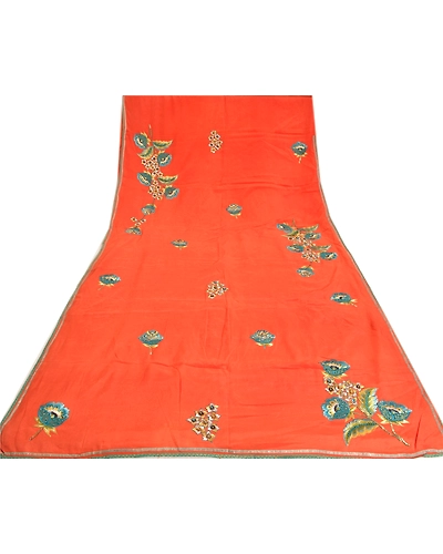 Sanskriti Vintage Orange Sarees Pure Silk Hand Beaded Premium Sari Craft Fabric, PS-61396-Orange-Zari Work-Pure Silk-9