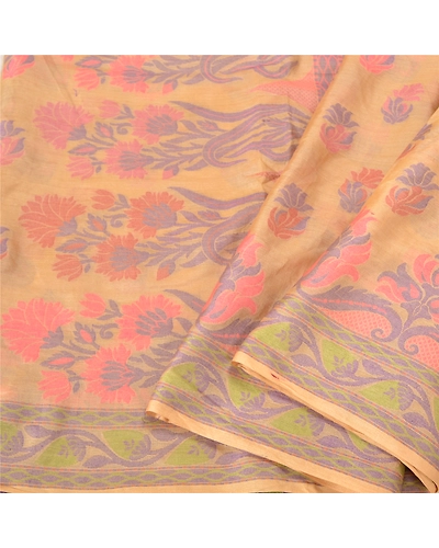 Sanskriti Vintage Peach Sarees Pure Silk Hand-Woven Premium Sari Craft Fabric, PS-61417-Peach-Woven Work-Pure Silk-10