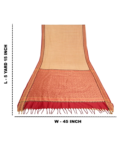 Sanskriti Vintage Cream Sarees 100% Pure Silk Woven Premium Sari Craft Fabric, PS-61421-Dark Red &amp; Cream-Woven Work-Pure Silk-1
