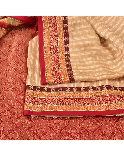 Sanskriti Vintage Cream Sarees 100% Pure Silk Woven Premium Sari Craft Fabric, PS-61421-Dark Red &amp; Cream-Woven Work-Pure Silk-2