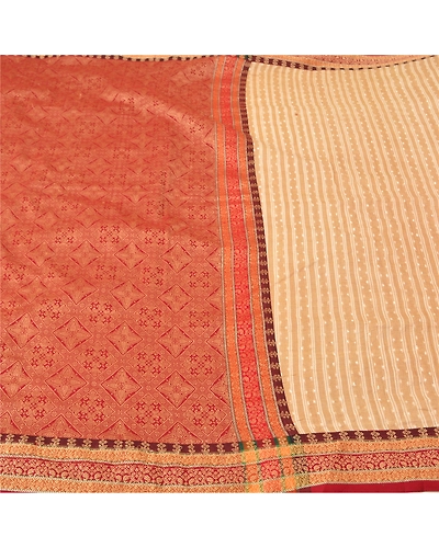 Sanskriti Vintage Cream Sarees 100% Pure Silk Woven Premium Sari Craft Fabric, PS-61421-Dark Red &amp; Cream-Woven Work-Pure Silk-4