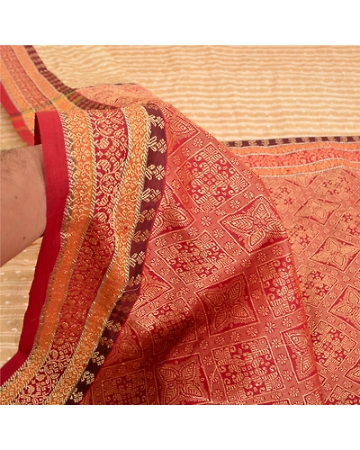 Sanskriti Vintage Cream Sarees 100% Pure Silk Woven Premium Sari Craft Fabric, PS-61421-Dark Red &amp; Cream-Woven Work-Pure Silk-5