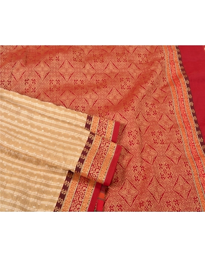 Sanskriti Vintage Cream Sarees 100% Pure Silk Woven Premium Sari Craft Fabric, PS-61421-Dark Red &amp; Cream-Woven Work-Pure Silk-8