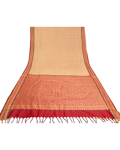 Sanskriti Vintage Cream Sarees 100% Pure Silk Woven Premium Sari Craft Fabric, PS-61421-Dark Red &amp; Cream-Woven Work-Pure Silk-9
