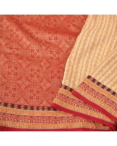 Sanskriti Vintage Cream Sarees 100% Pure Silk Woven Premium Sari Craft Fabric, PS-61421-Dark Red &amp; Cream-Woven Work-Pure Silk-10