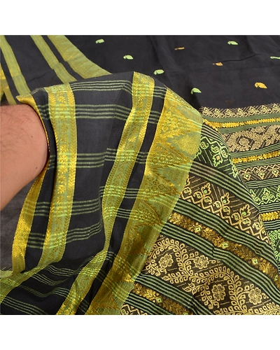 Sanskriti Vintage Black Sarees 100% Pure Cotton Woven Premium Sari Craft Fabric, PS-61486-Black-Woven Work-Pure Cotton-6