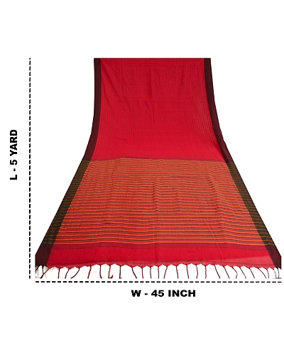 Sanskriti Vintage Red Indian Sarees 100% Pure Cotton Woven Sari 5 Yard Fabric, PS-61488-Red-Woven Work-Pure Cotton-1