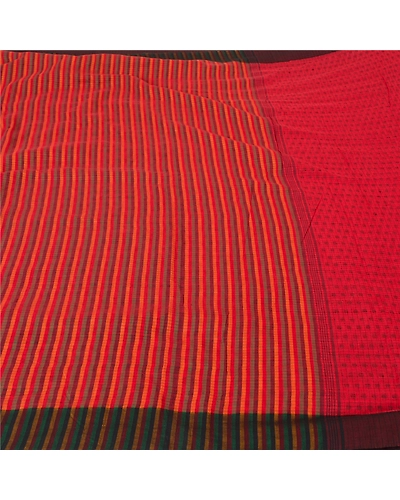 Sanskriti Vintage Red Indian Sarees 100% Pure Cotton Woven Sari 5 Yard Fabric, PS-61488-Red-Woven Work-Pure Cotton-4