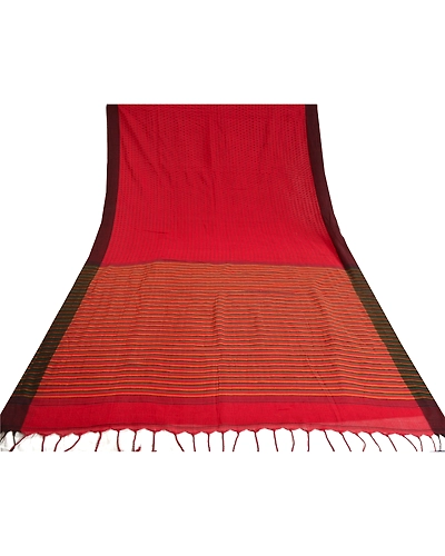 Sanskriti Vintage Red Indian Sarees 100% Pure Cotton Woven Sari 5 Yard Fabric, PS-61488-Red-Woven Work-Pure Cotton-9